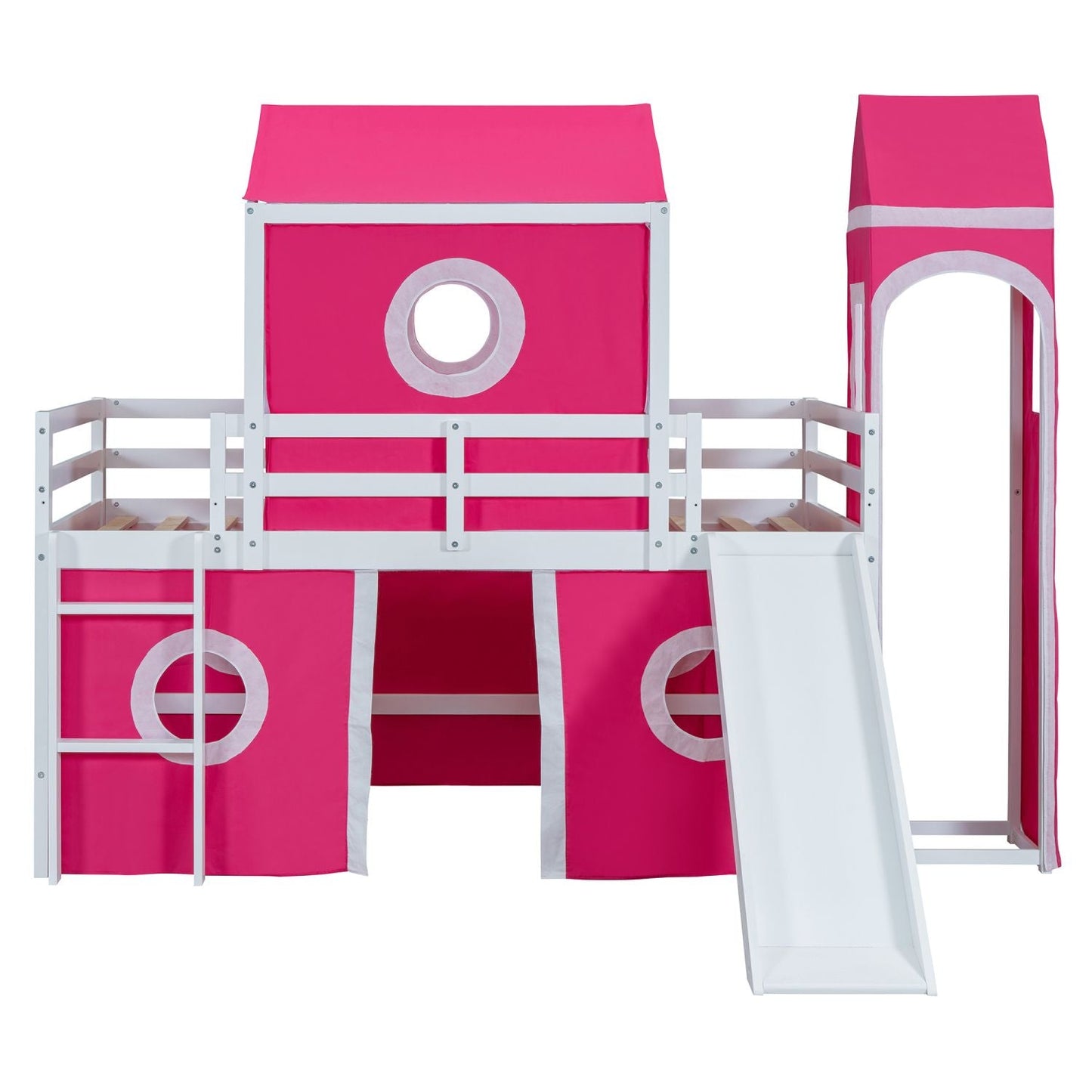Kids Bedroom Twin Loft Bed with Slide, Pink Tent and Tower, Pink Wood | Just Better Bunk Beds