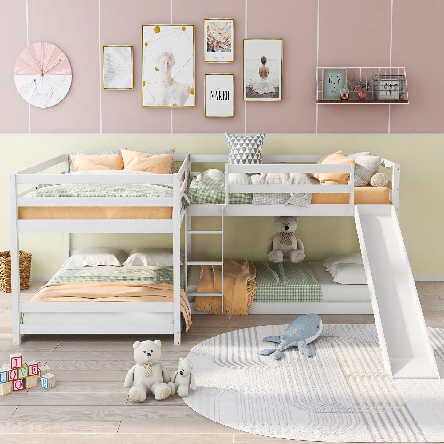Full and Twin Size L-Shaped Bunk Bed with Slide and Short Ladde