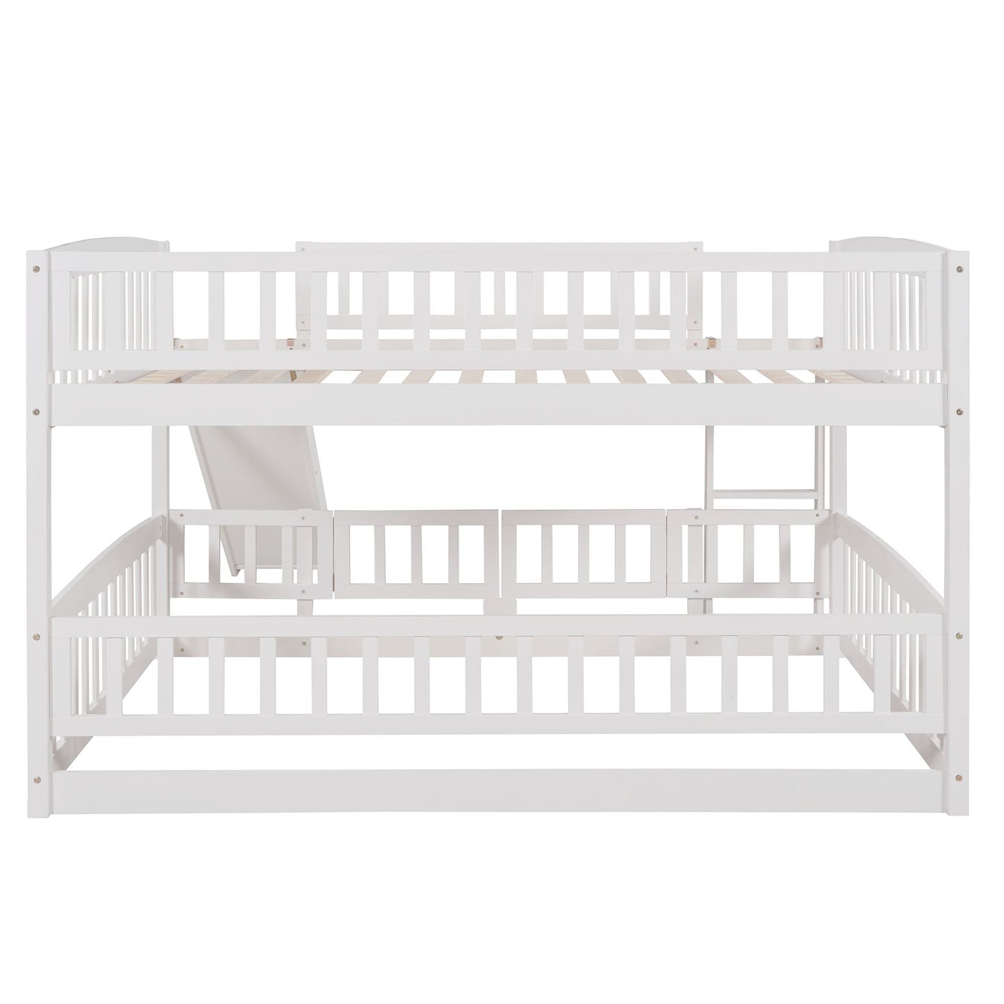 Kids Bedroom Full Over Full Wood Bunk Bed with Slide, Fence, Ladder, White | Just Better Bunk Beds