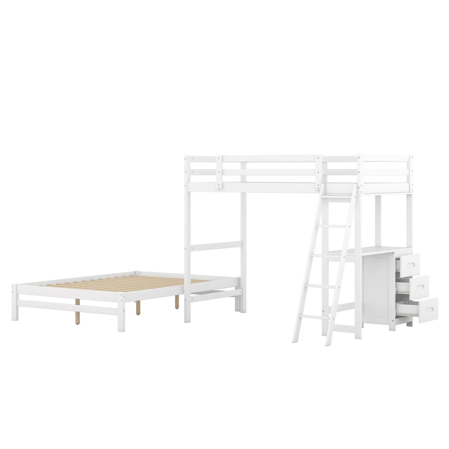 Space-Saving Twin Over Full Wood Bunk Bed with Built-In Desk and Three Drawers, White | Just Better Bunk Beds