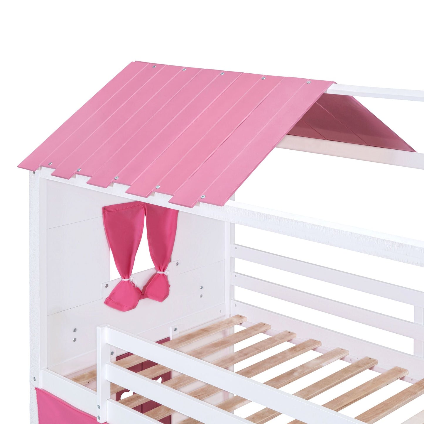 Kids Bedroom Twin Wood House-Style Bunk Bed with Elegant Windows, Sills and Tent, Pink and White | Just Better Bunk Beds