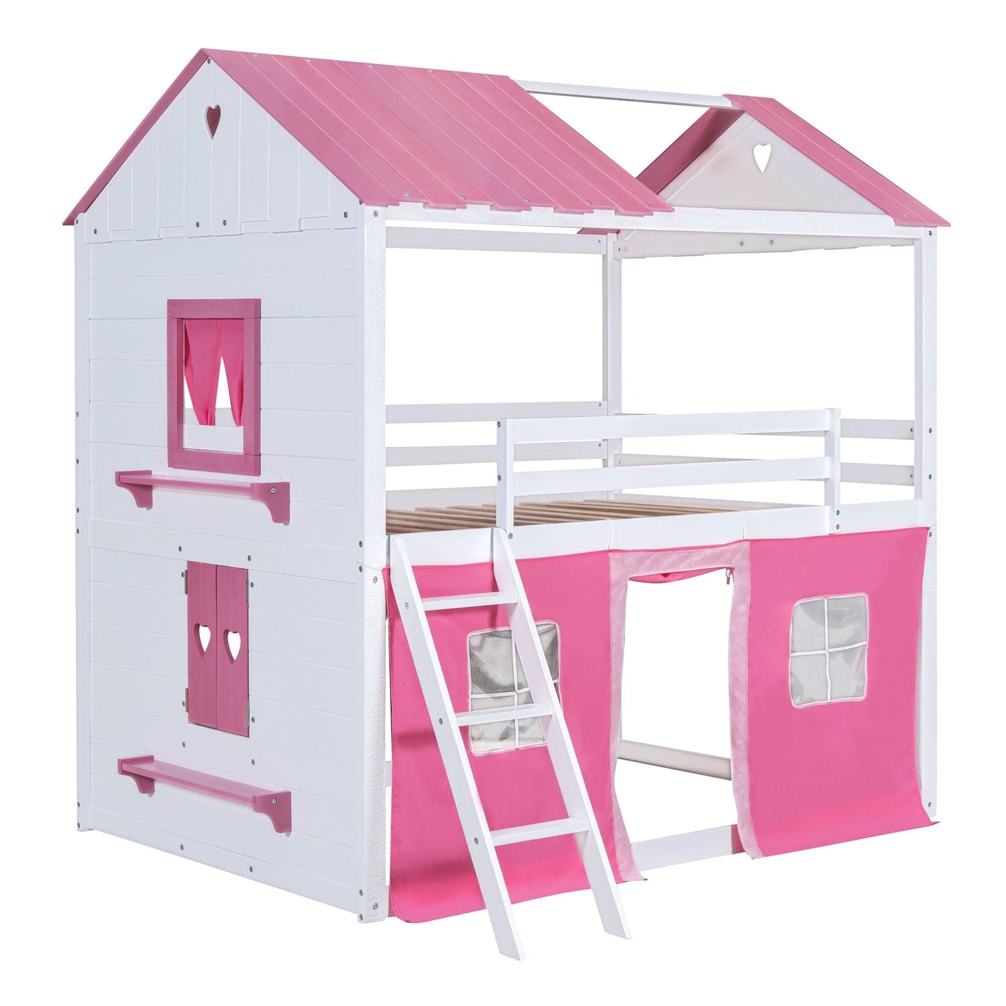 House-Style Full Wood Bunk Bed with Windows, Sills and Tent, Pink and White | Just Better Bunk Beds