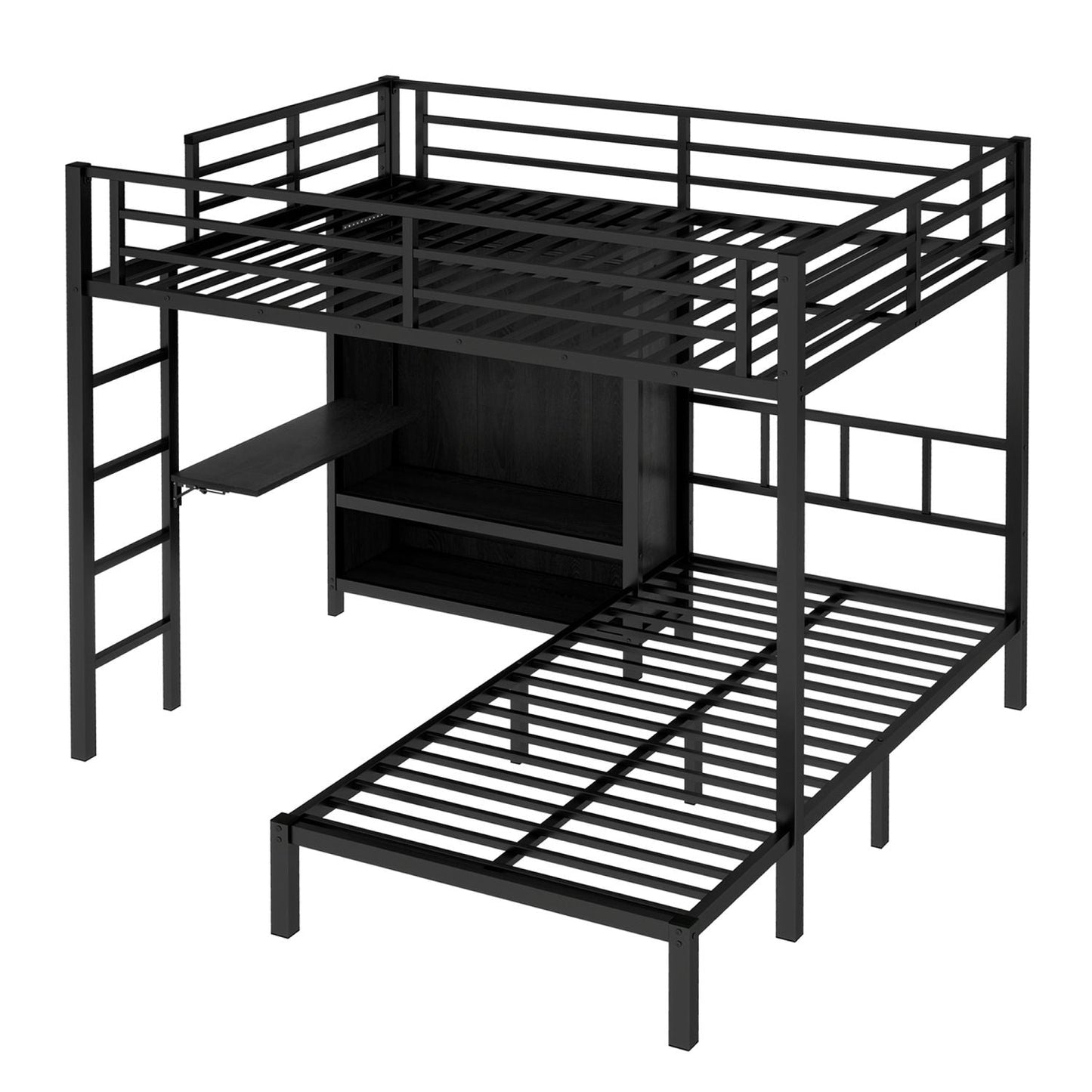 Space-Saving Full XL Over Twin Metal Bunk Bed with Folding Desk and LED Closet, Black | Just Better Bunk Beds