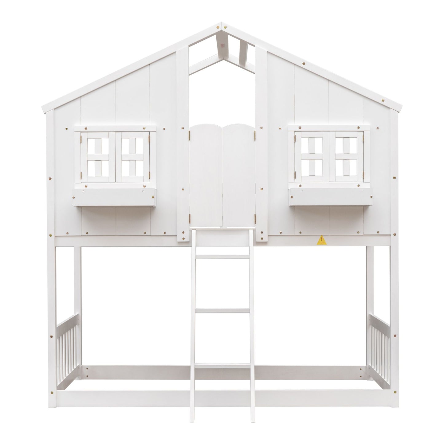 House-Style Twin Over Twin Wood Bunk Bed with Roof, Window, Door, and Ladder, Multiple Colors | Just Better Bunk Beds