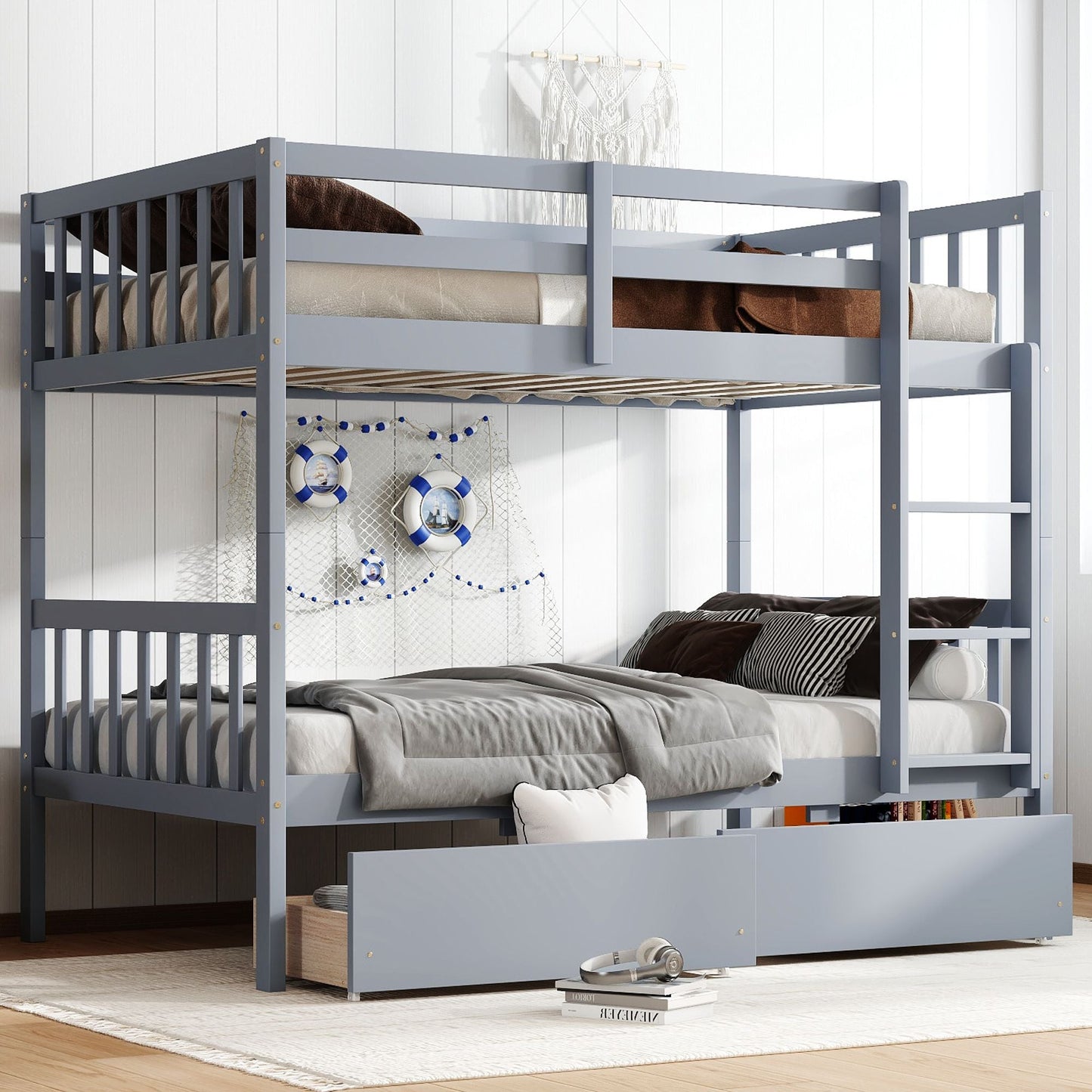 Convertible Twin Over Twin Rubber Wood Bunk Bed with 2 Drawers, Ladder, Safety Guardrails, Gray | Just Better Bunk Beds
