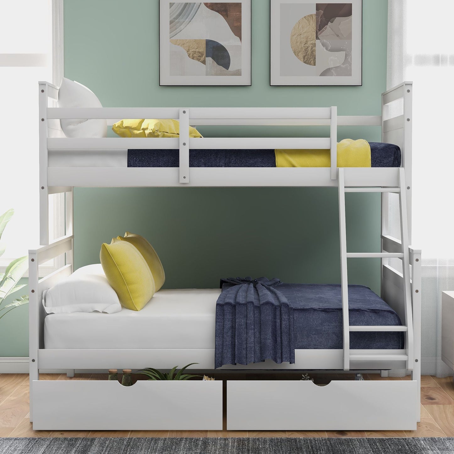 Kids Bedroom Twin Over Full Wood Bunk Bed with Ladder, Two Storage Drawers and Safety Guardrail, White | Just Better Bunk Beds