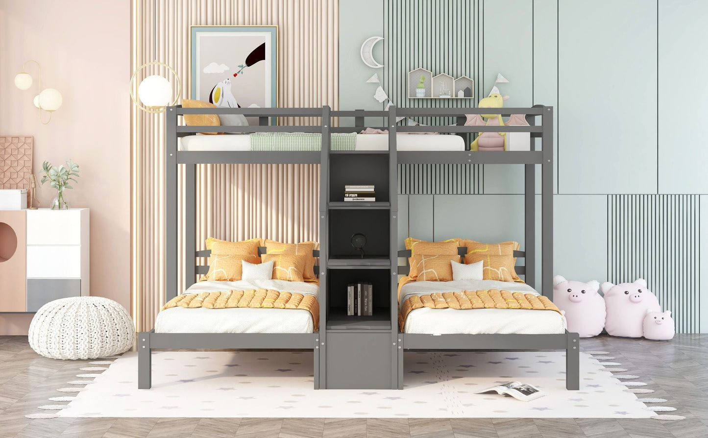 Built-In Staircase Twin Over Twin Over Twin Wood Bunk Bed, Gray with Storage Drawer | Just Better Bunk Beds
