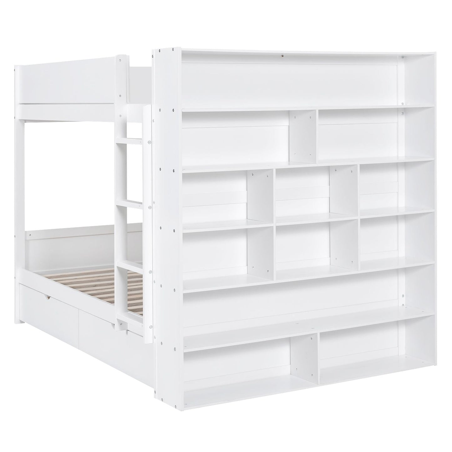 Organized Full Over Full Wood Bunk Bed with 2 Drawers and Multi-Layer Cabinet, White | Just Better Bunk Beds