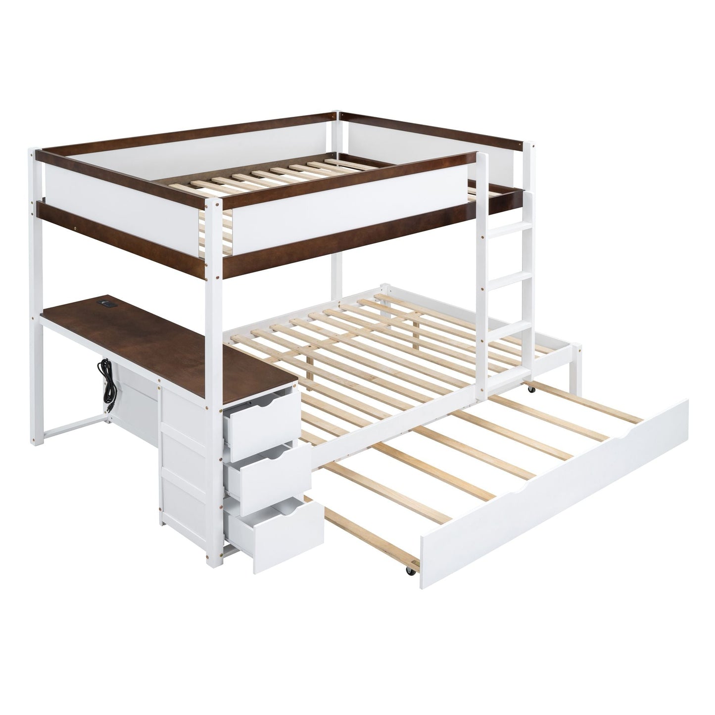 Shared Room Solution Full Over Full Wood Bunk Bed with Twin Trundle, Storage, Desk, White Walnut | Just Better Bunk Beds