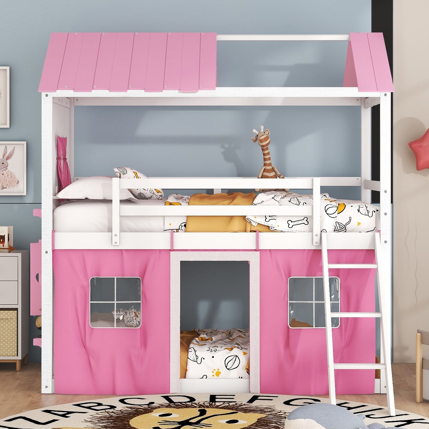 Kids Bedroom Twin Wood House-Style Bunk Bed with Elegant Windows, Sills and Tent, Pink and White | Just Better Bunk Beds
