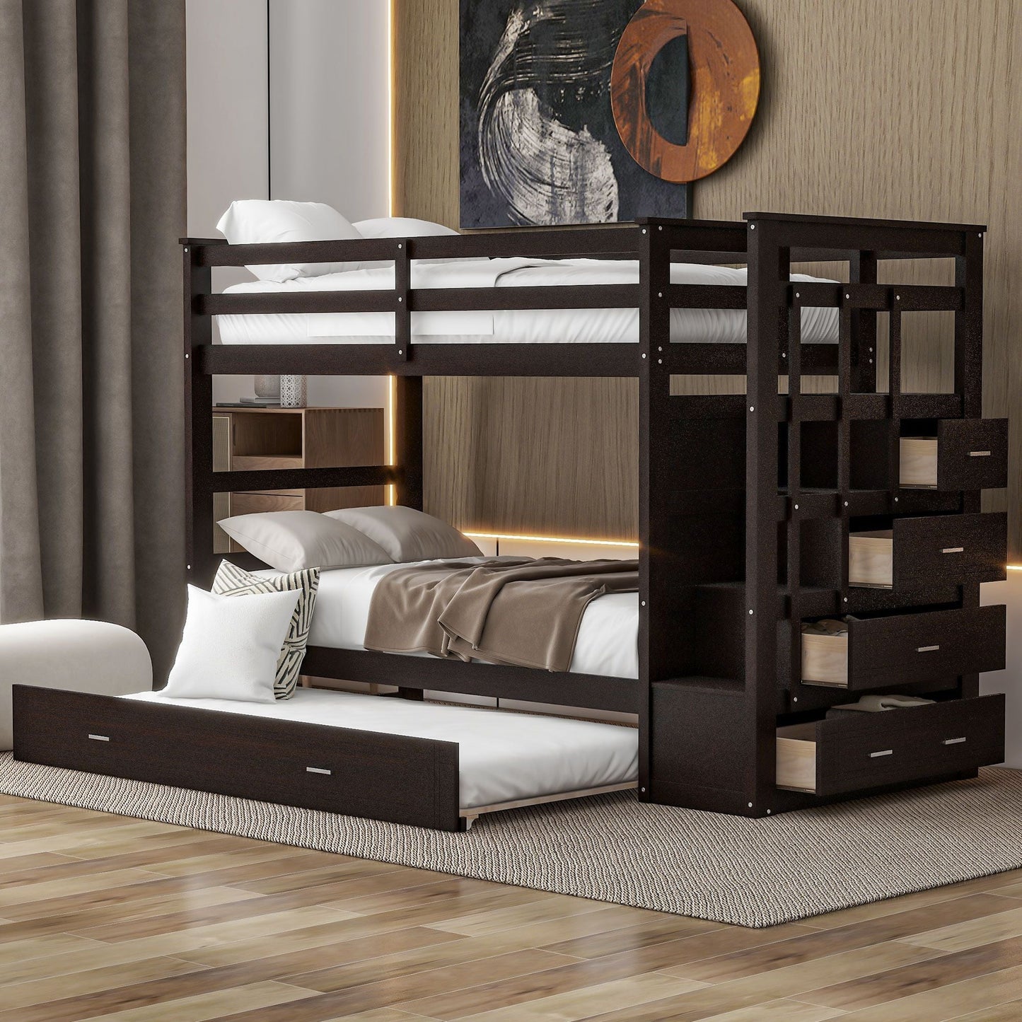 Shared Room Solution Twin Over Twin Wood Bunk Bed with Trundle and Staircase, Espresso | Just Better Bunk Beds