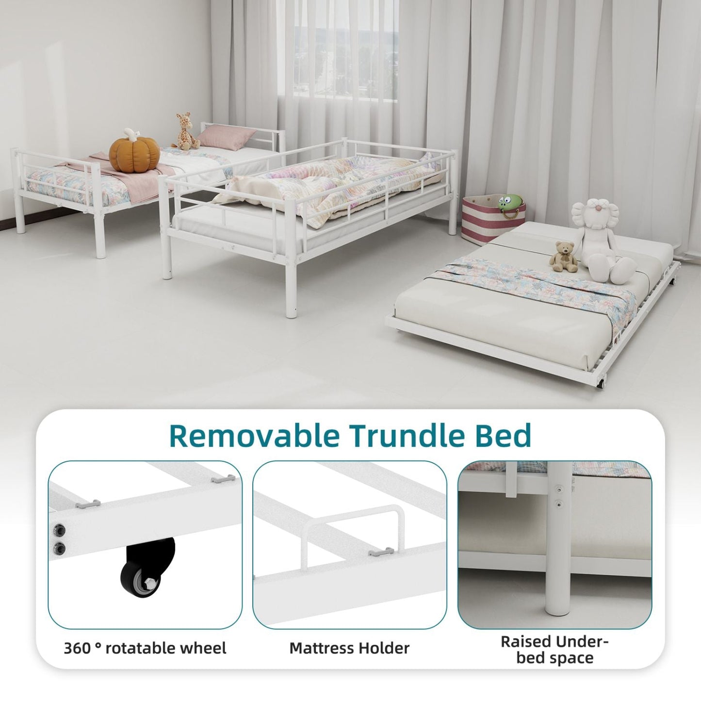 Heavy-duty Sturdy Meta Twin over Twin Bunk Bed/l/ Noise Reduced/ Safety Guardrail/No Box Spring Needed, White
