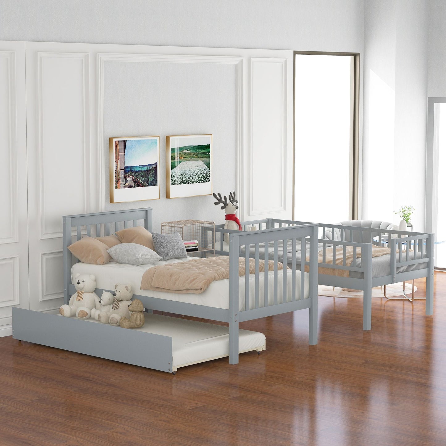 Storage-Enhanced Twin Over Twin Wood Bunk Bed with Trundle, Gray | Just Better Bunk Beds