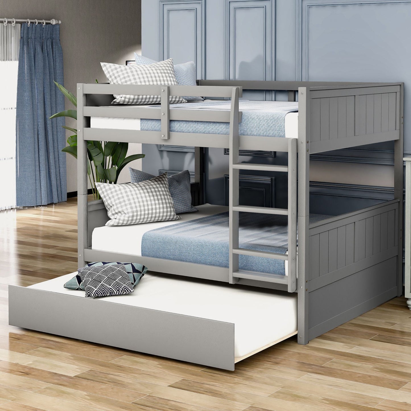 Shared Room Solution Full Over Full Wood Bunk Bed with Twin Trundle, White | Just Better Bunk Beds