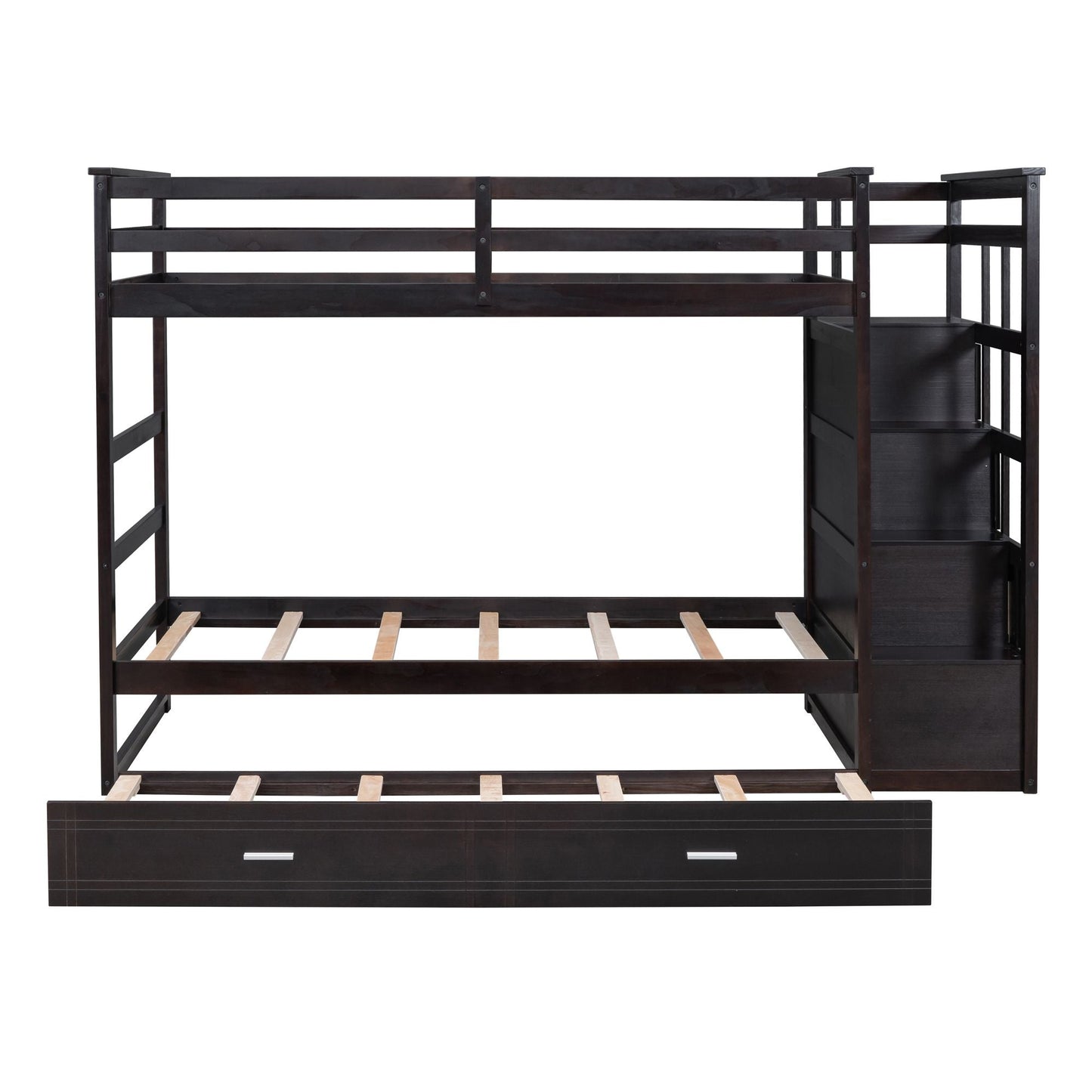 Shared Room Solution Twin Over Twin Wood Bunk Bed with Trundle and Staircase, Espresso | Just Better Bunk Beds