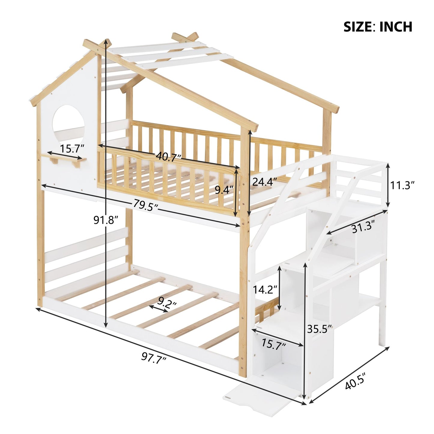 Staircase Storage Twin Over Twin Wood Bunk Bed with House Style, Storage, and Guard Rail, Natural and White | Just Better Bunk Beds