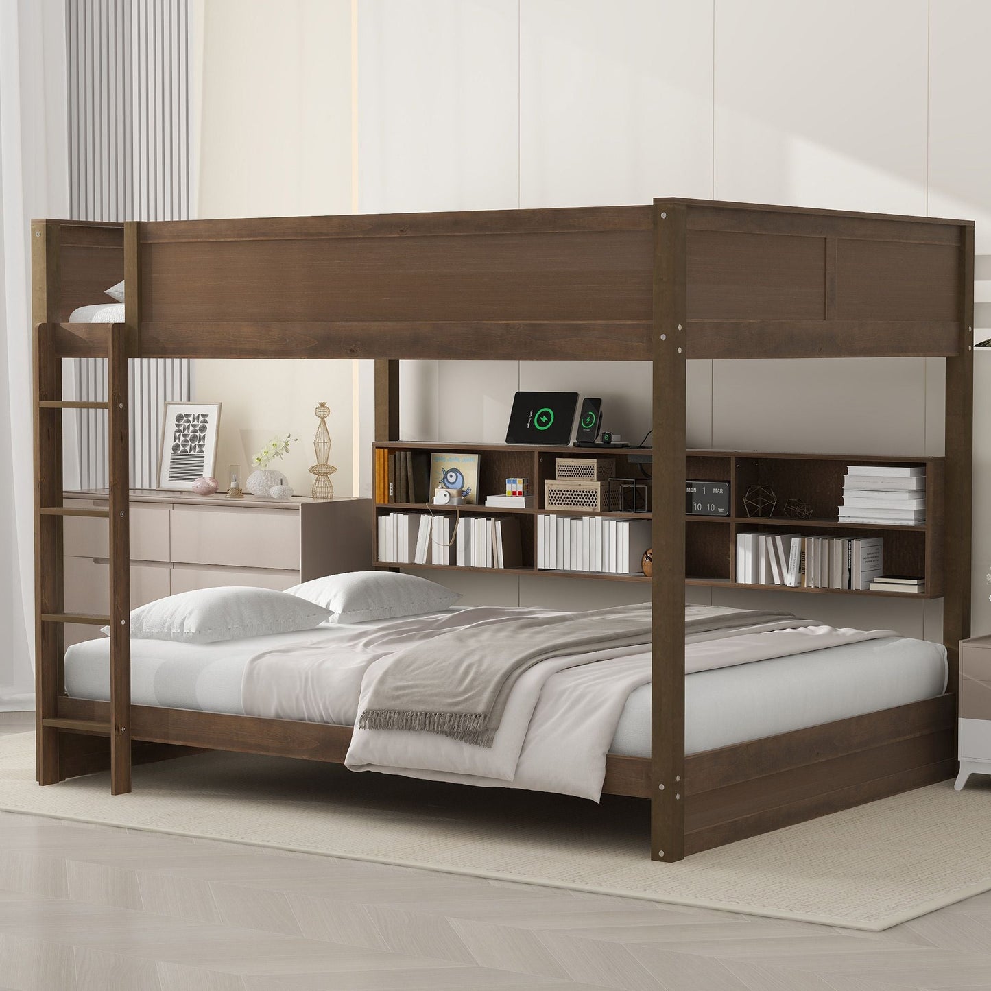 Shared Room Solution Queen Over Queen Wood Bunk Bed with Storage Cabinets and USB Ports, Natural | Just Better Bunk Beds