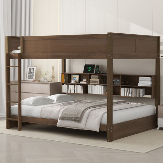 Shared Room Solution Queen Over Queen Wood Bunk Bed with Storage Cabinets and USB Ports, Natural | Just Better Bunk Beds