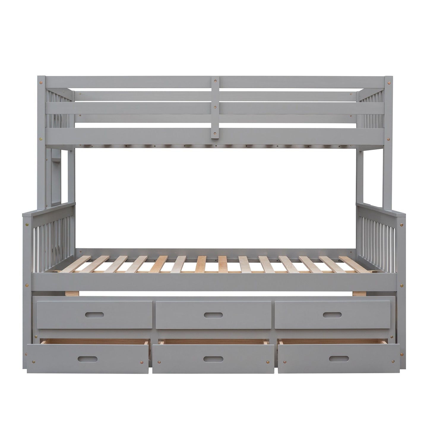 Space-Saving Twin Over Full Wood Bunk Bed with Twin Trundle and Drawers, Gray | Just Better Bunk Beds