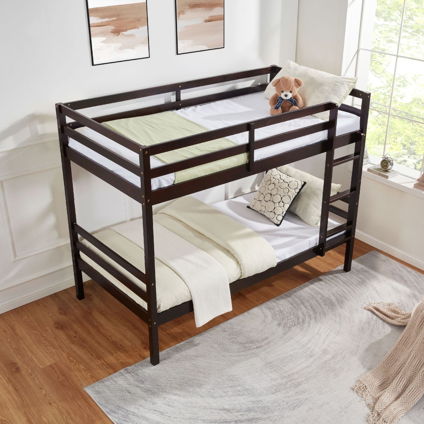 Twin over Twin Bunk Bed with Ladder,Wooden Bunk Bed with High Guardrail and Ladder for Kids, Teens, Dorm Rooms, and Guest Rooms,No Box Spring Needed,Espresso