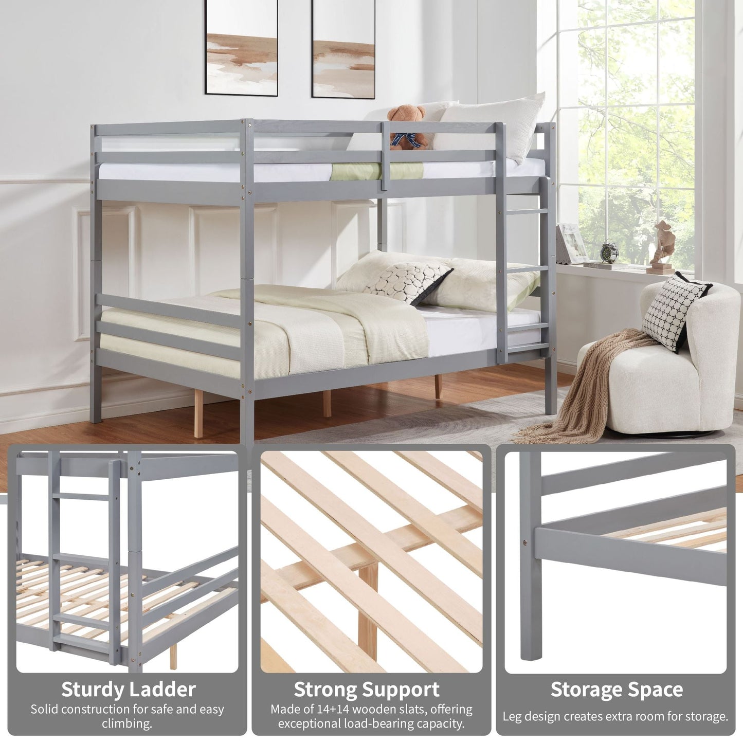Space-Saving Full Over Full Wood Bunk Bed, Gray with Ladder and High Guardrail | Just Better Bunk Beds