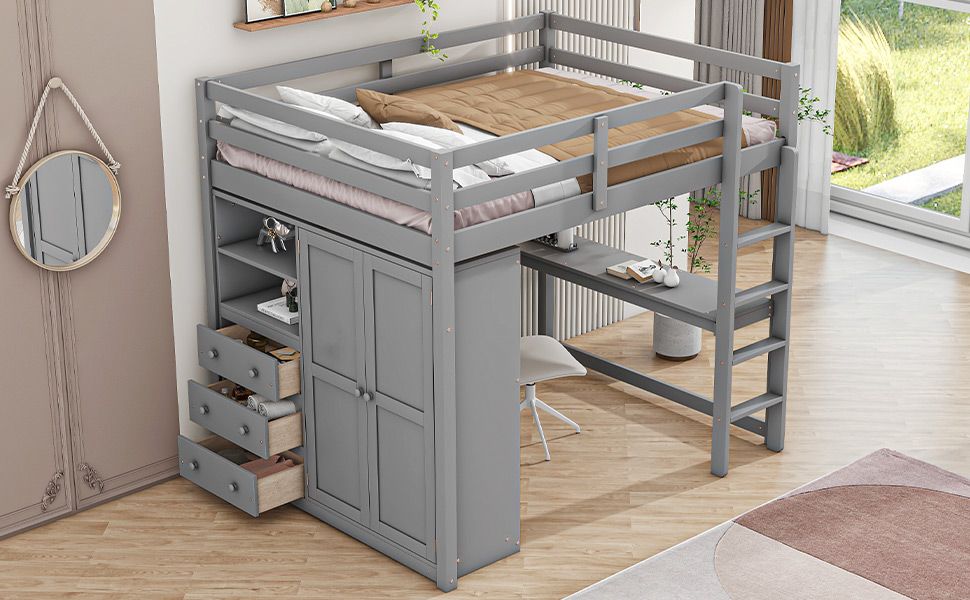 Space-Saving Full Wood Loft Bed with Built-in Wardrobe, Desk & Storage, Gray | Just Better Bunk Beds