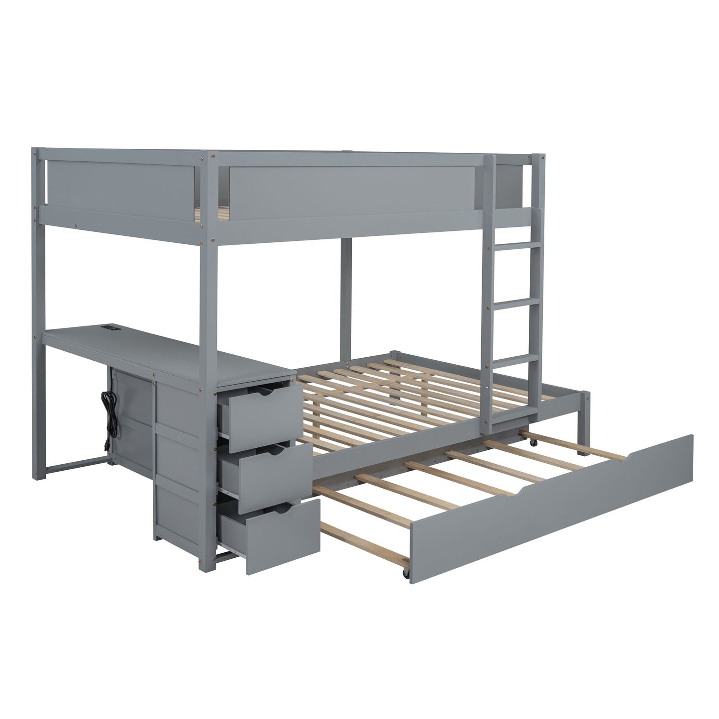 Multi-Functional Full Over Full Wood Bunk Bed with Trundle, Storage, and Desk, Gray | Just Better Bunk Beds