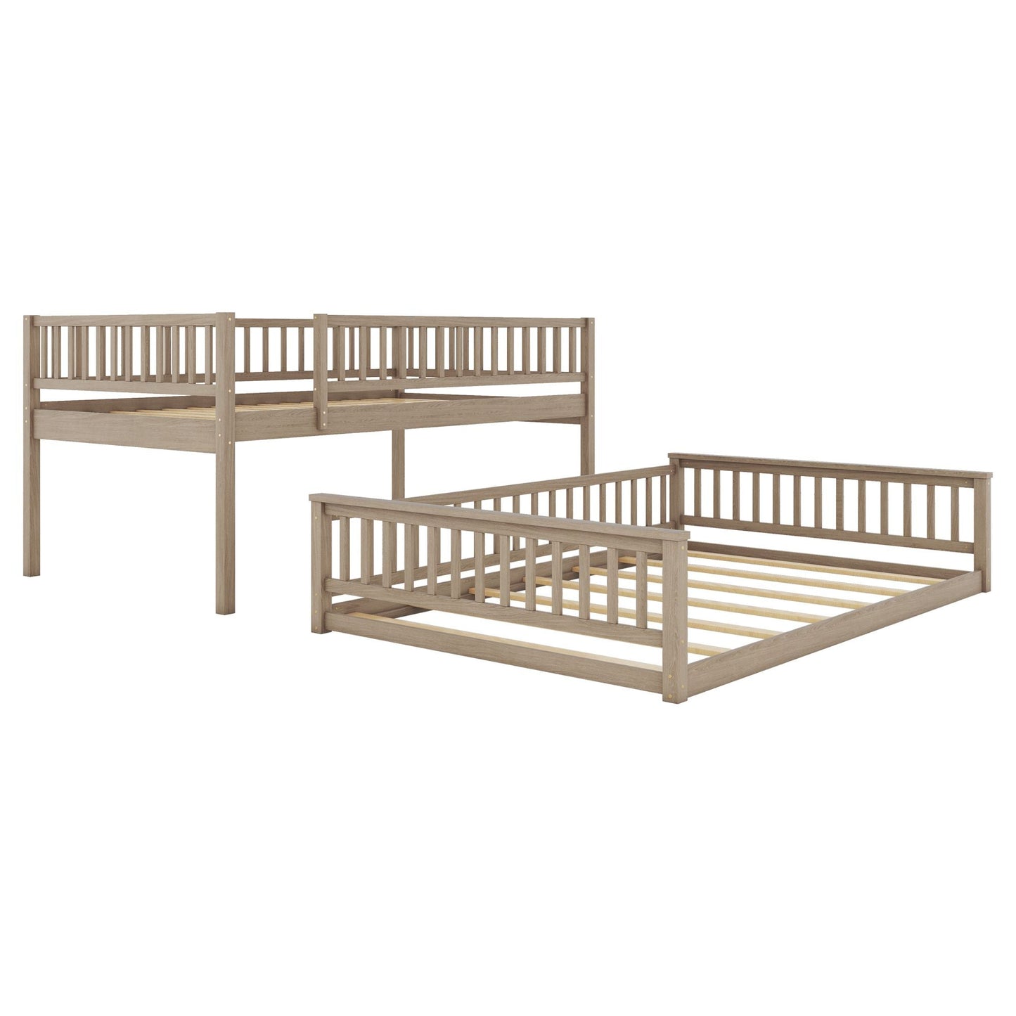 House-Style Full XL Over Queen Wood Bunk Bed with Ladder and Guardrails, Walnut | Just Better Bunk Beds