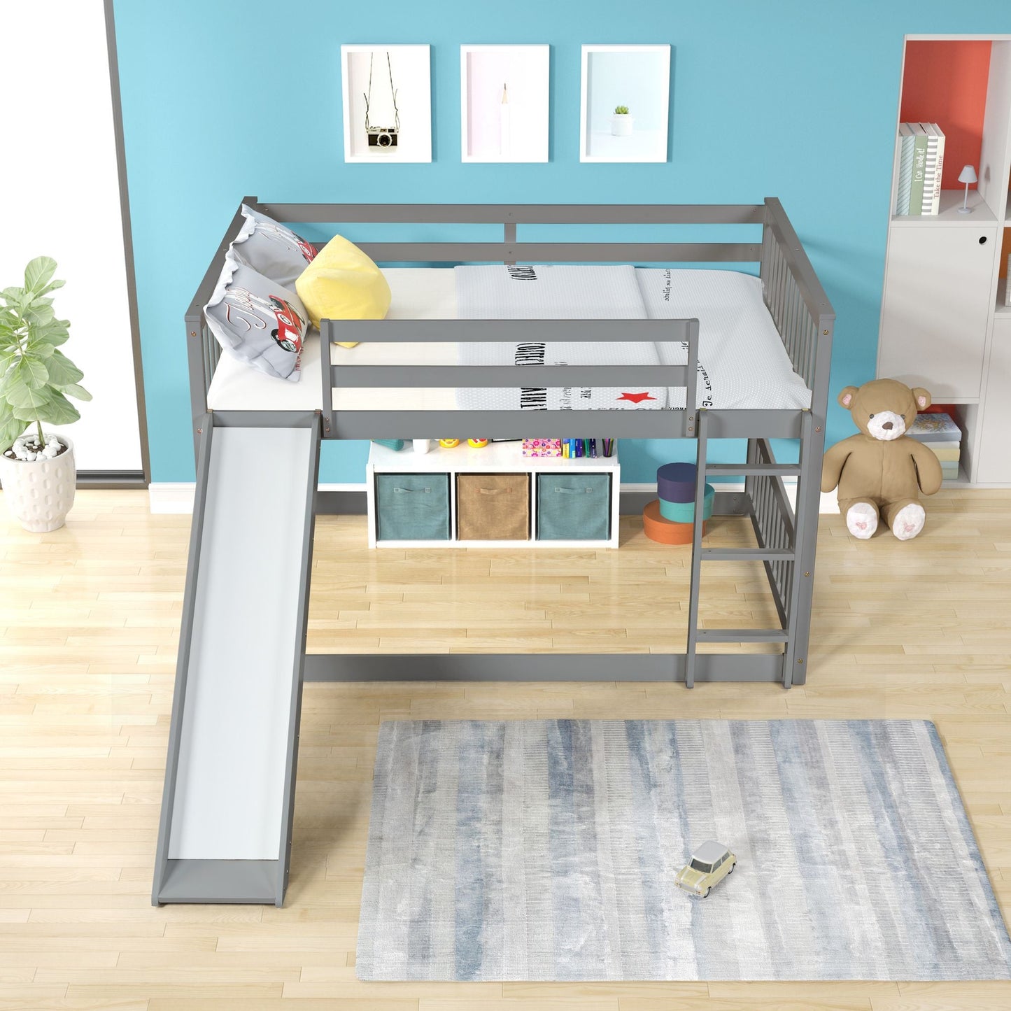 Space-Saving Full Over Full Wood Bunk Bed with Slide and Safety Guardrails, White | Just Better Bunk Beds