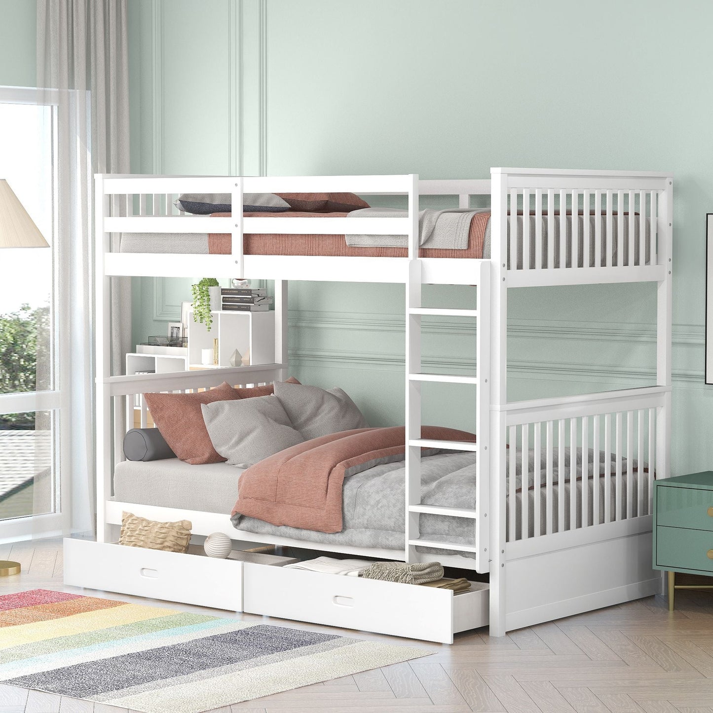Storage-Enhanced Twin Over Twin Wood Bunk Bed with Ladders, Two Drawers, White | Just Better Bunk Beds