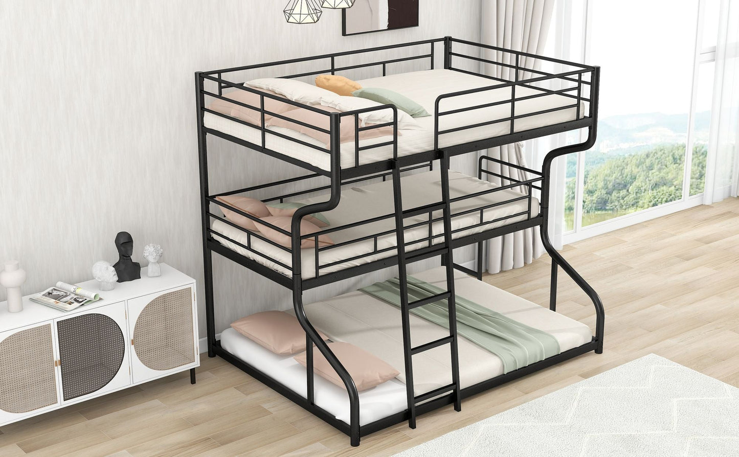 Shared Room Solution Full XL Over Twin XL Over Queen Wood Triple Bunk Bed, White | Just Better Bunk Beds
