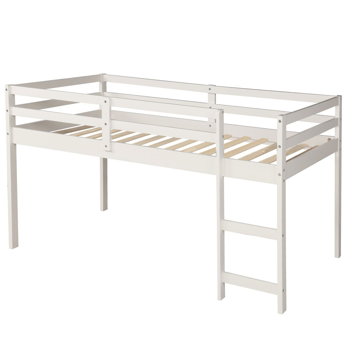 Kids Bedroom Twin Wood Loft Bed with Cabinet and Rolling Desk, White | Just Better Bunk Beds