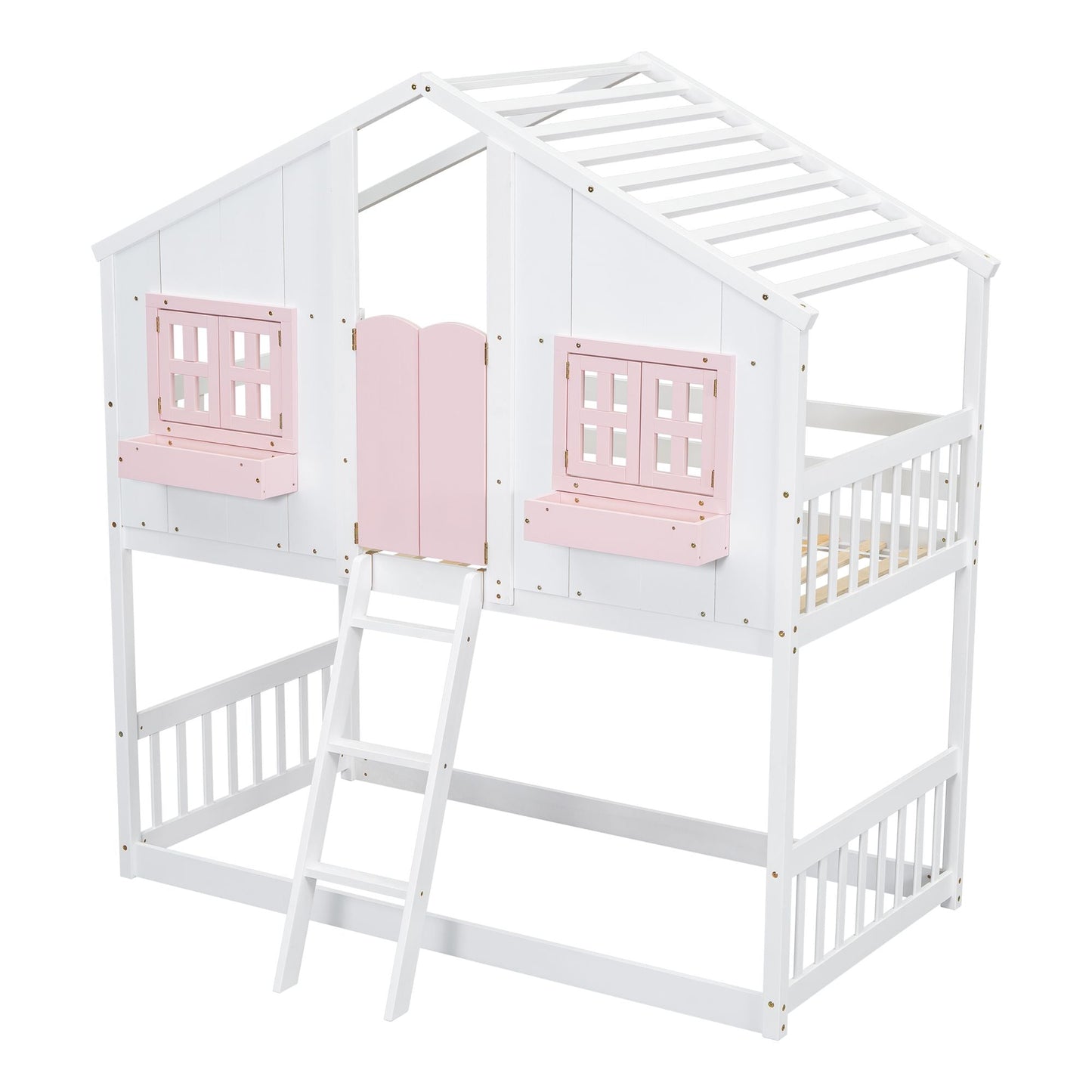House-Style Twin Over Twin Wood Bunk Bed with Roof, Window, Door, and Ladder, Multiple Colors | Just Better Bunk Beds