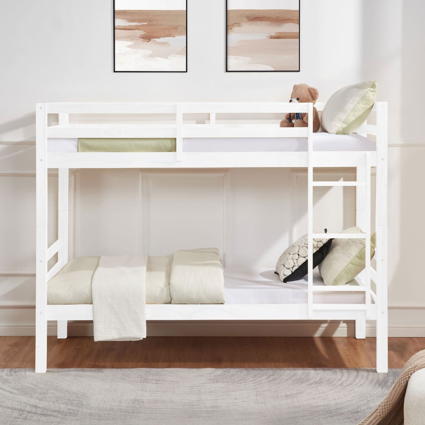 Heavy-Duty Twin Over Twin Wood Bunk Bed, White with Thick Posts, Ladder, and High Guardrail | Just Better Bunk Beds