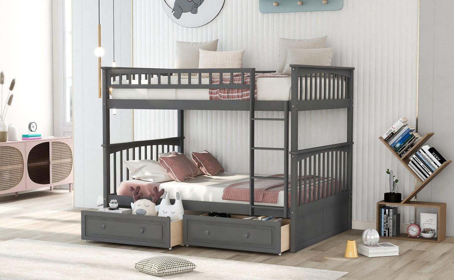 Convertible Full Over Full Wood Bunk Bed with Drawers, Gray | Just Better Bunk Beds