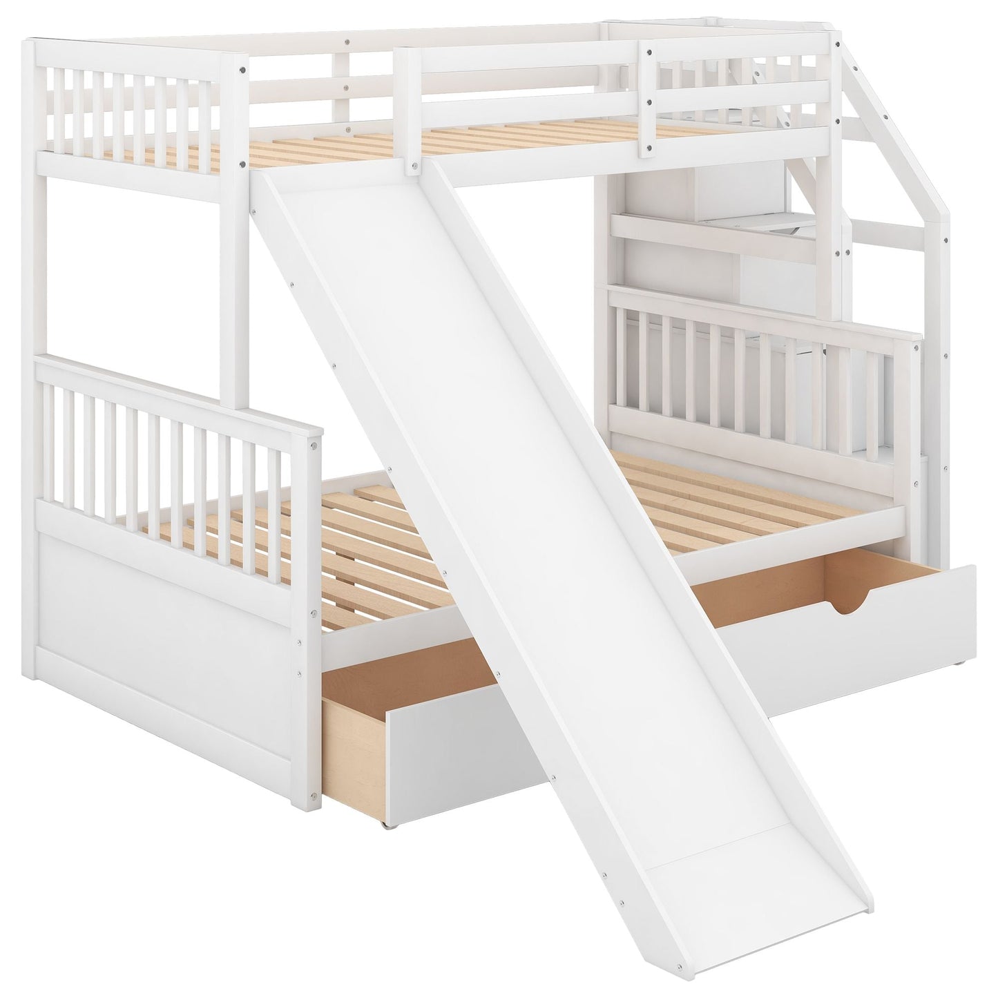 Multifunction Twin Over Full Wood Bunk Bed with Drawers, Storage and Slide, White | Just Better Bunk Beds