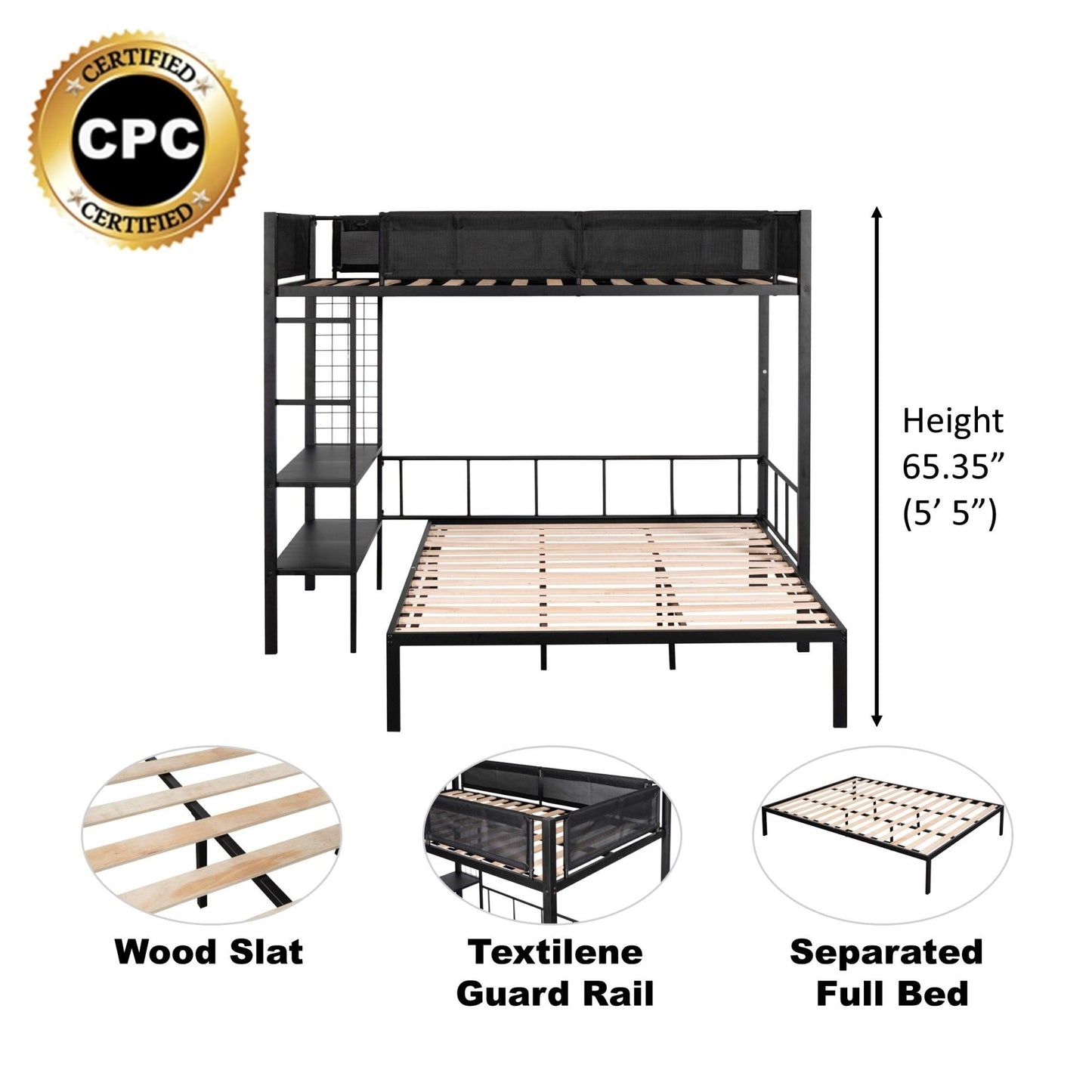 Heavy-Duty Twin Over Full Metal and Wood Bunk Bed with Shelves, Grid Panel, and Noise-Free Wood Slats, Black | Just Better Bunk Beds