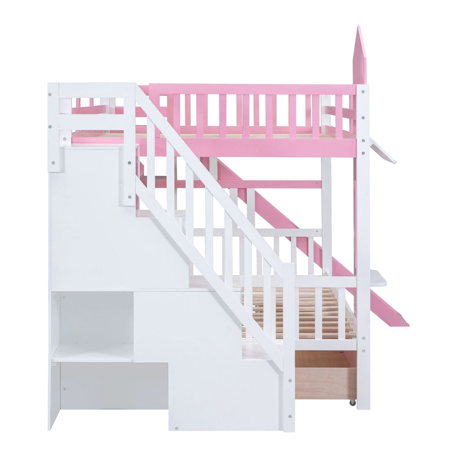 House-Style Full Over Full Wood Castle Bunk Bed with Drawers, Shelves, and Slide, Pink | Just Better Bunk Beds