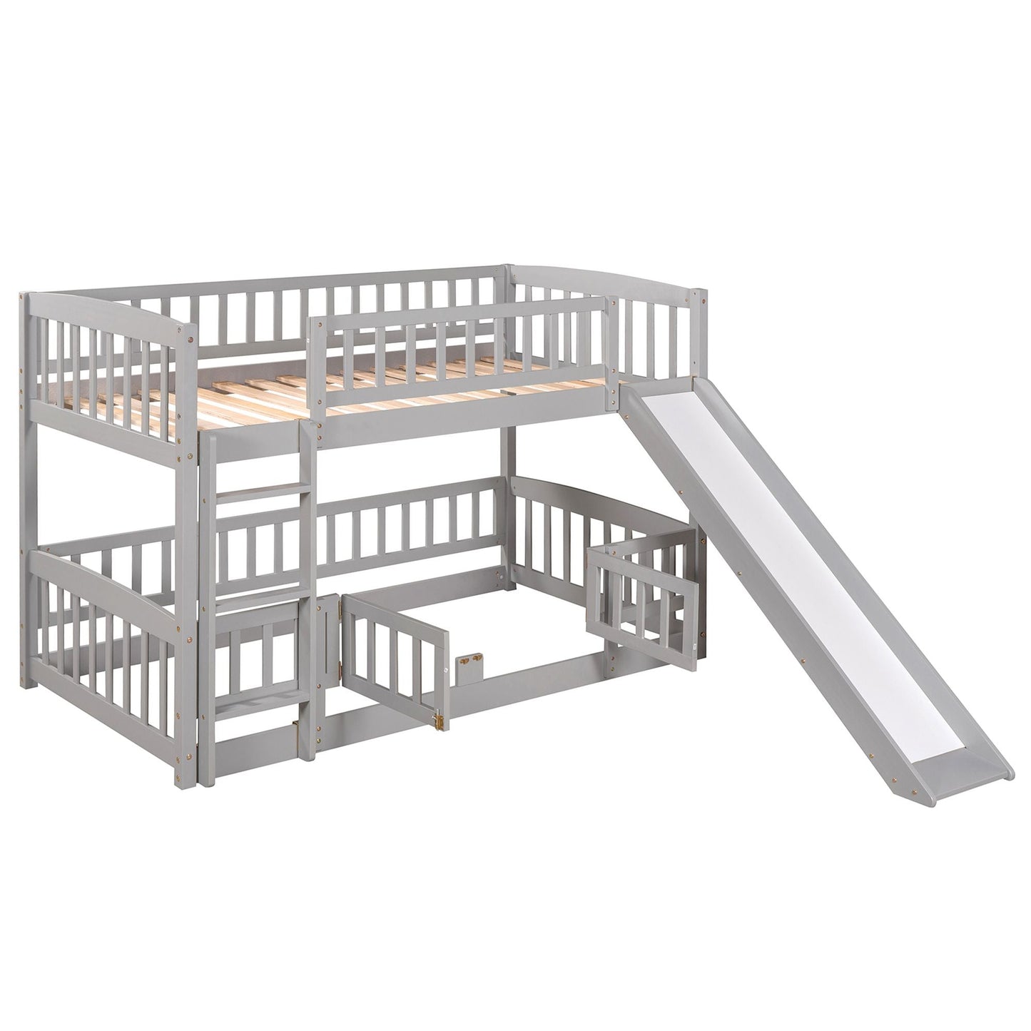 Safe Twin Over Twin Wood Low Bunk Bed with Slide, White with Fence and Ladder | Just Better Bunk Beds