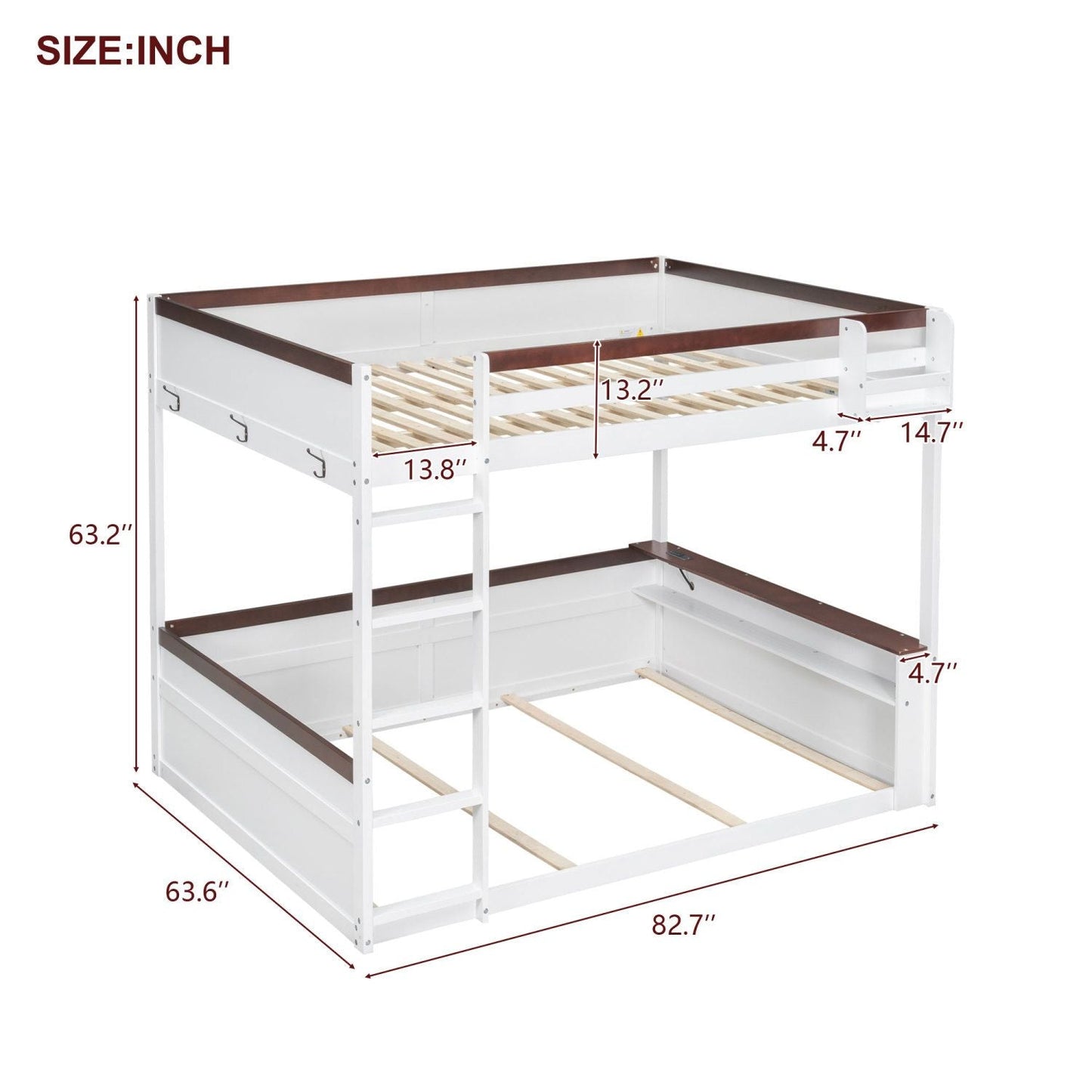 Queen Size Wooden Bunk Bed with Built-in Shelves, Storage Box, LED Light and USB Charging Station, White