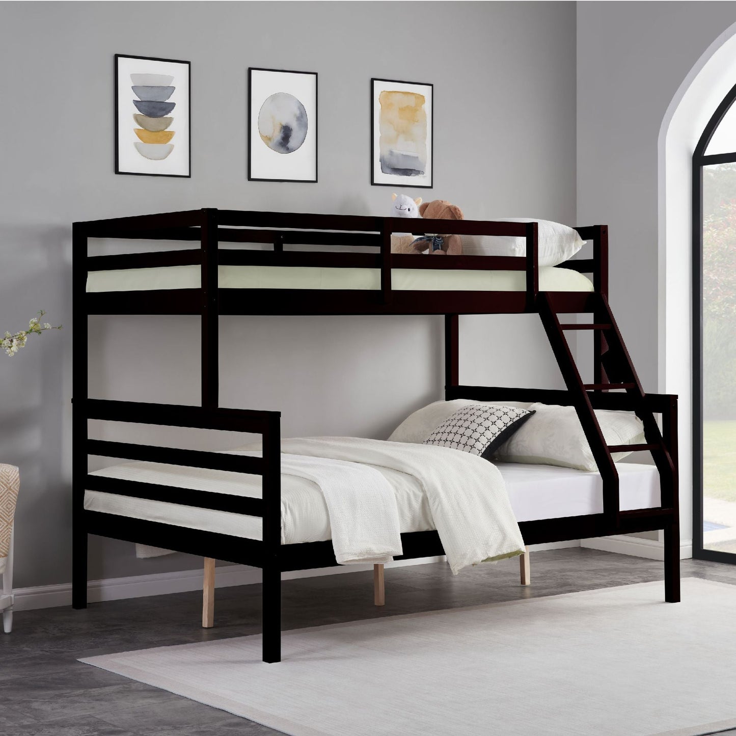 Dorm Room Twin Over Full Wood Bunk Bed with Ladder and Guardrail, Espresso | Just Better Bunk Beds