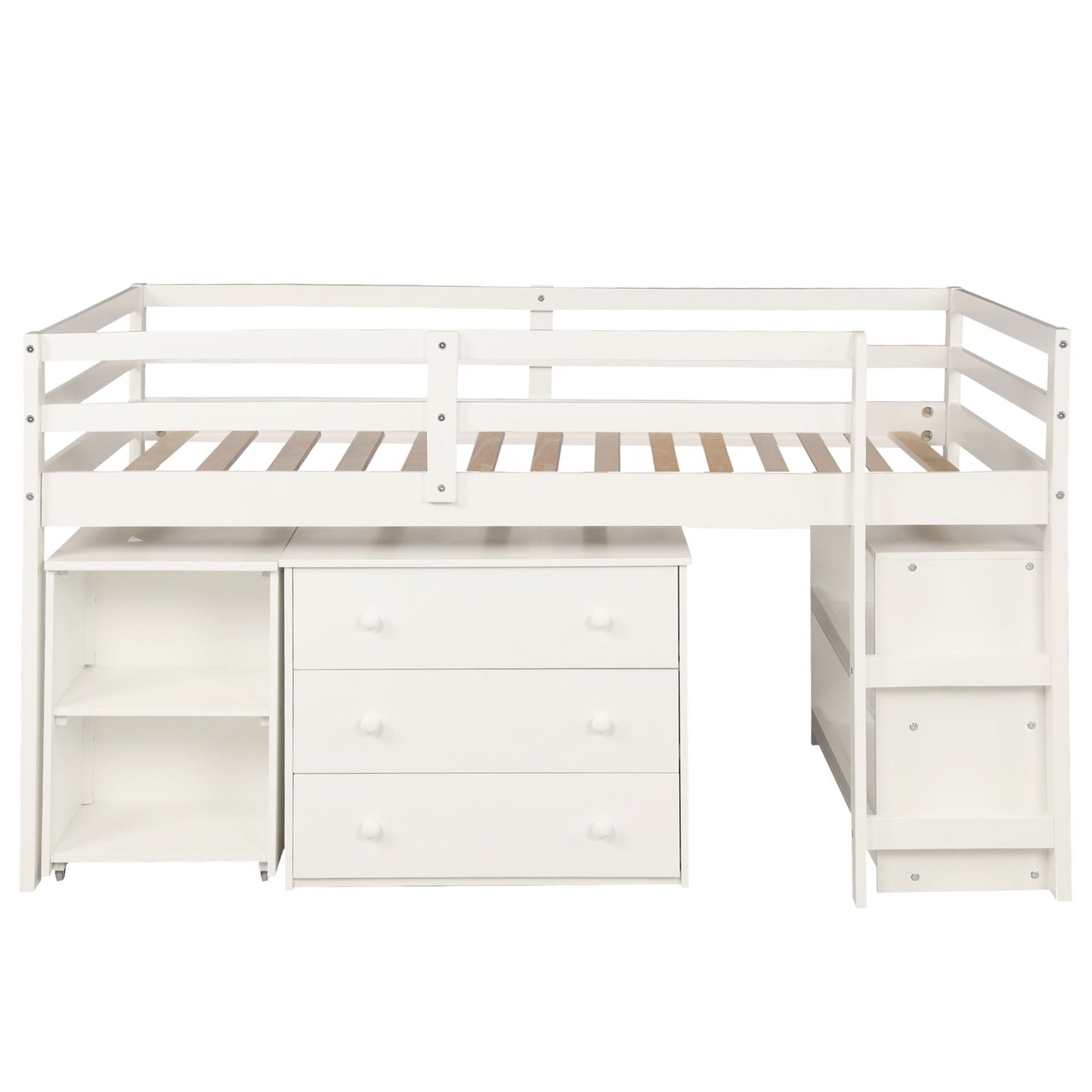Kids Bedroom Twin Wood Loft Bed with Cabinet and Rolling Desk, White | Just Better Bunk Beds