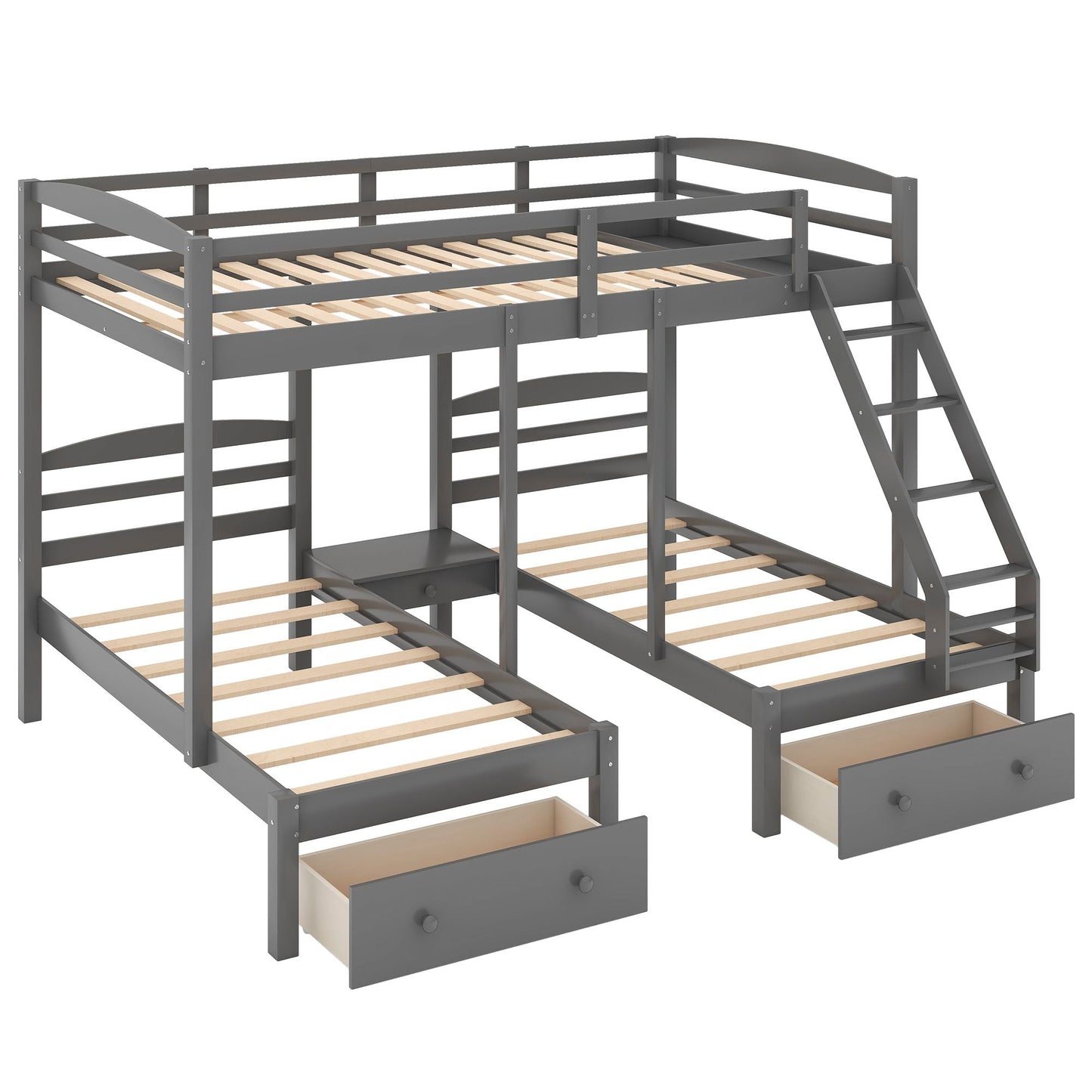 Triple Bunk Full Over Twin Over Twin Wood Bed with Drawers, Gray | Just Better Bunk Beds