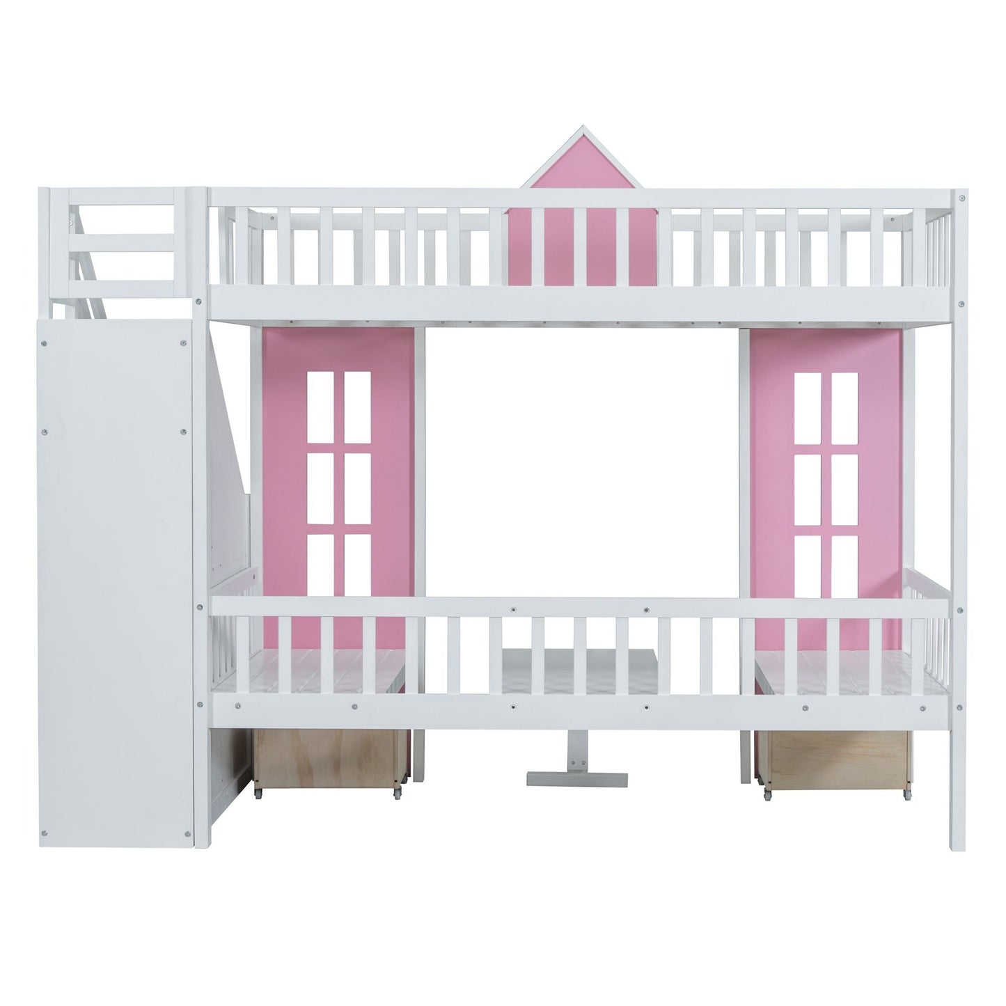 Multi-Use Twin Over Twin Wood Bunk Bed with Changeable Table and Desk, Pink | Just Better Bunk Beds