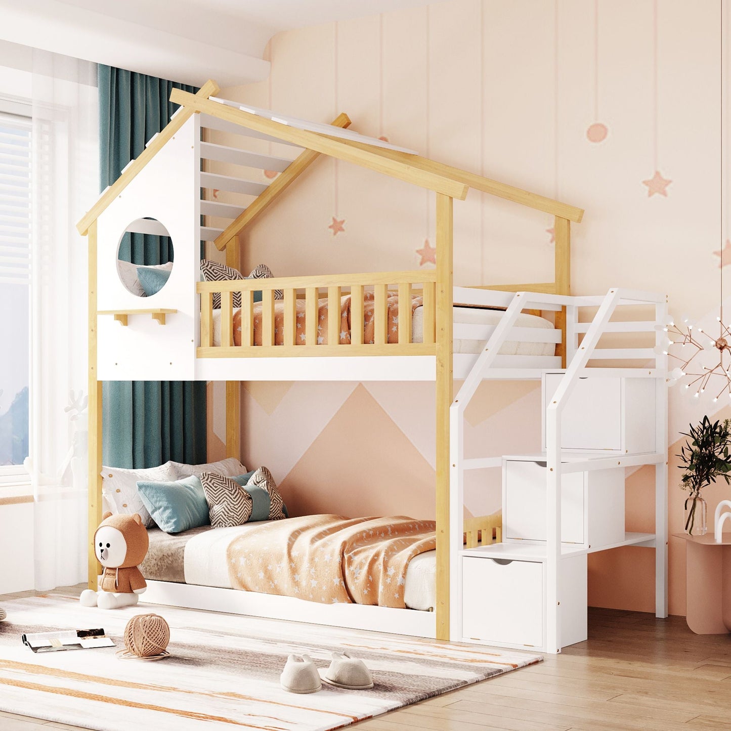 Staircase Storage Twin Over Twin Wood Bunk Bed with House Style, Storage, and Guard Rail, Natural and White | Just Better Bunk Beds