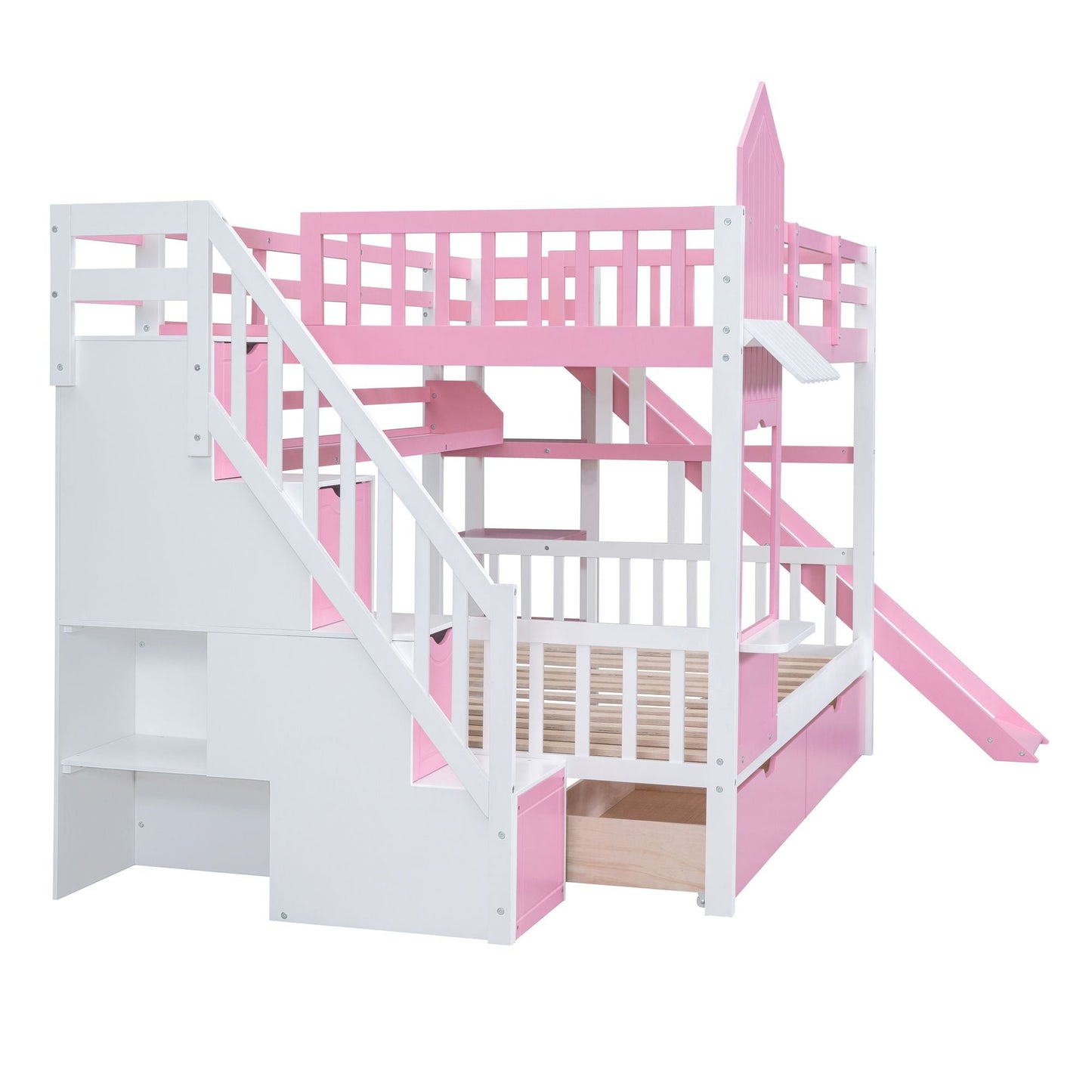House-Style Full Over Full Wood Castle Bunk Bed with Drawers, Shelves, and Slide, Pink | Just Better Bunk Beds