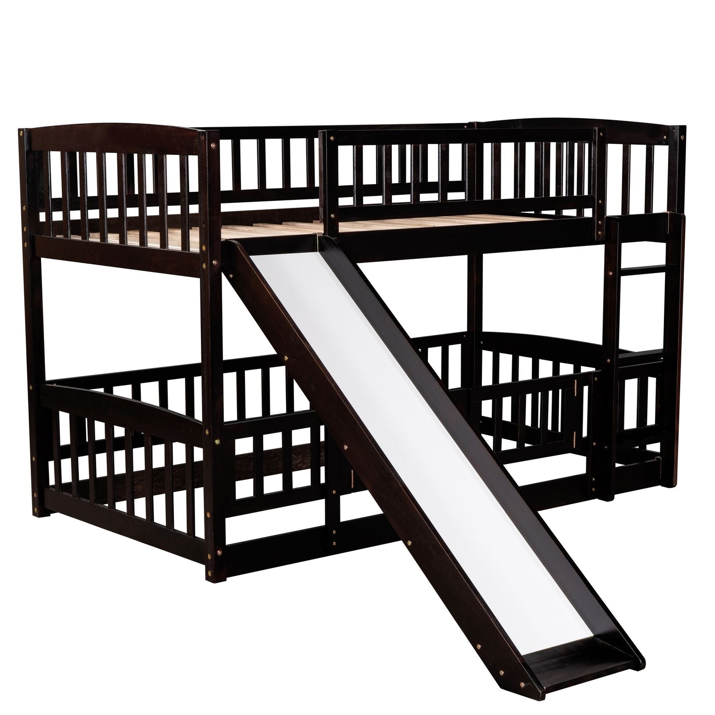 Safe Twin Over Twin Wood Low Bunk Bed with Slide, White with Fence and Ladder | Just Better Bunk Beds