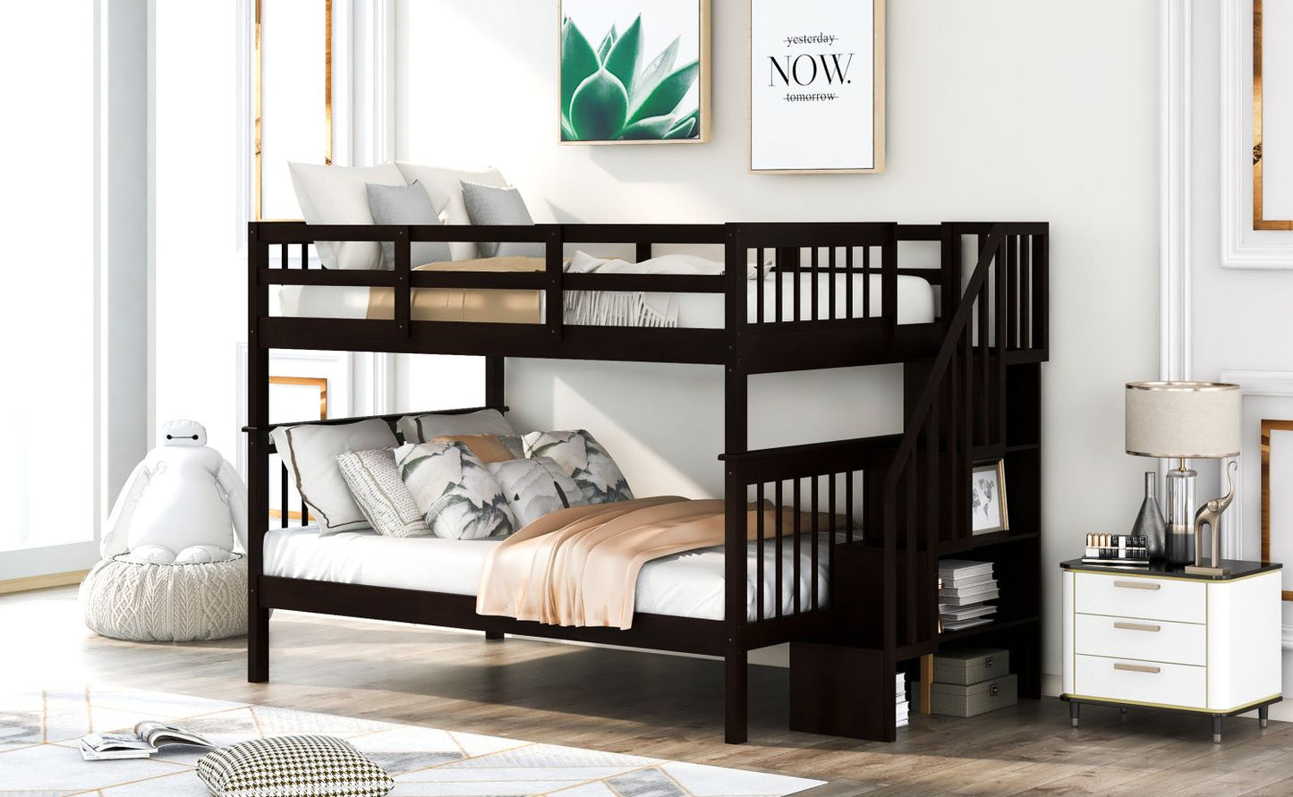 Stairway Full-Over-Full Bunk Bed with Storage and Guard Rail for Bedroom,  Dorm,  Espresso