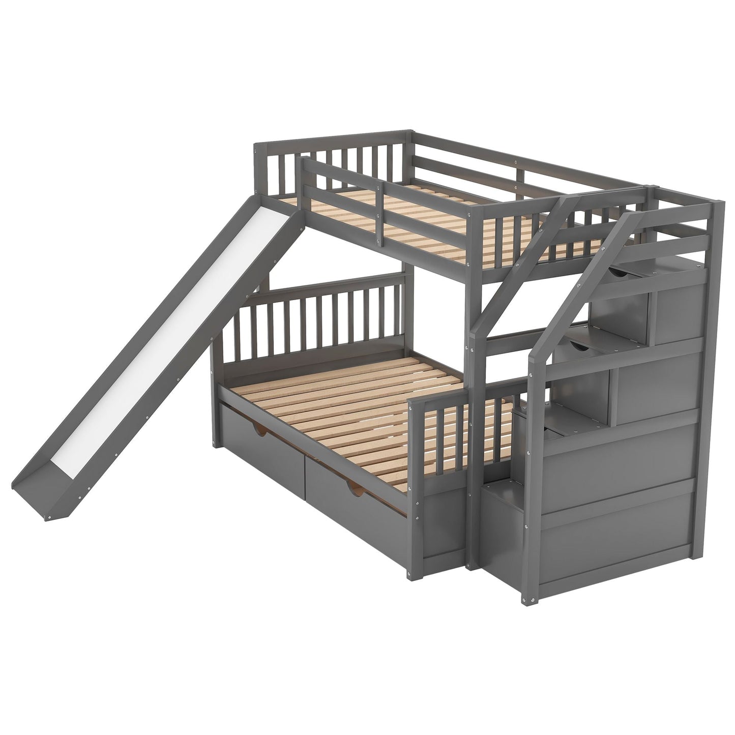 Multifunction Twin Over Full Wood Bunk Bed with Drawers, Storage and Slide, Gray | Just Better Bunk Beds