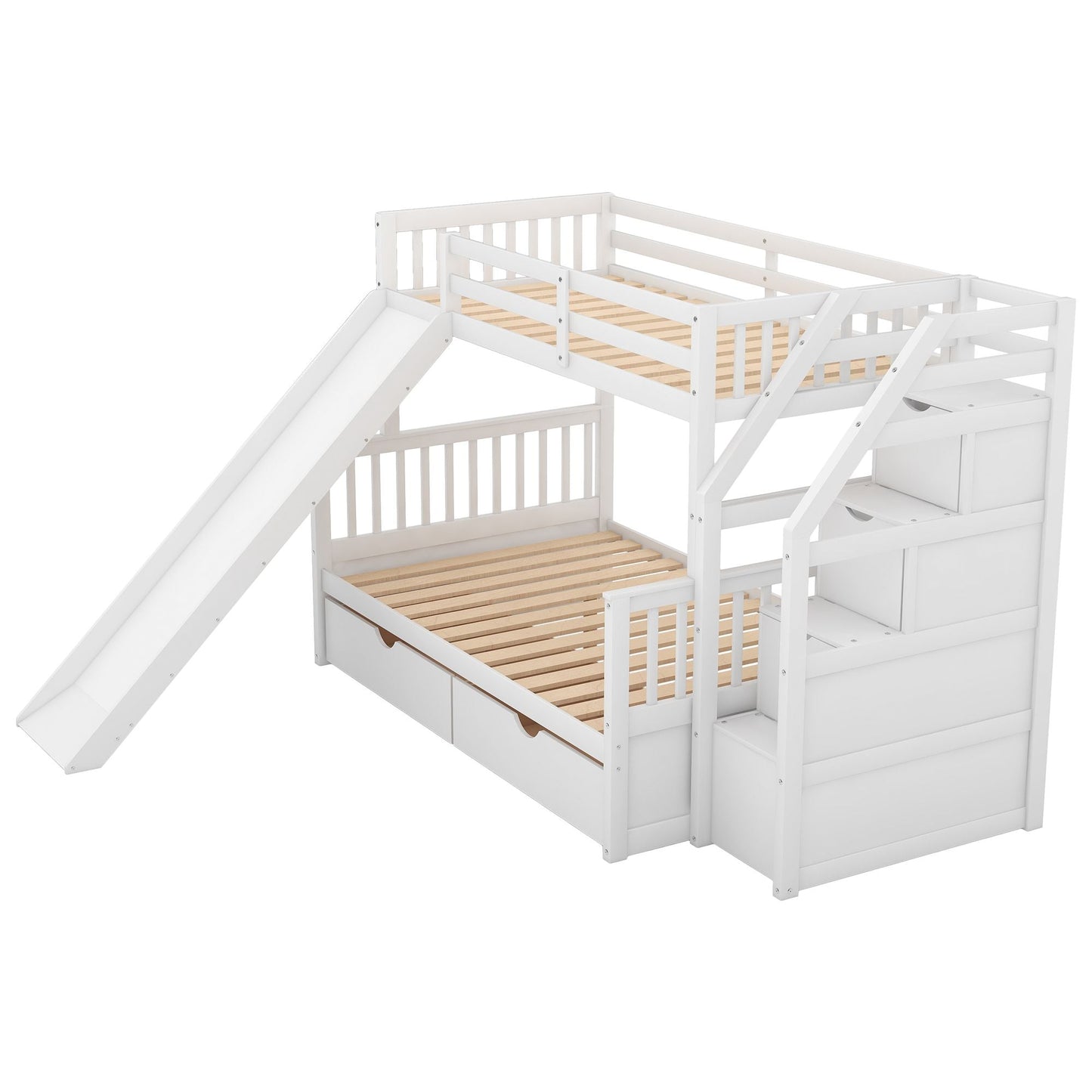 Multifunction Twin Over Full Wood Bunk Bed with Drawers, Storage and Slide, White | Just Better Bunk Beds
